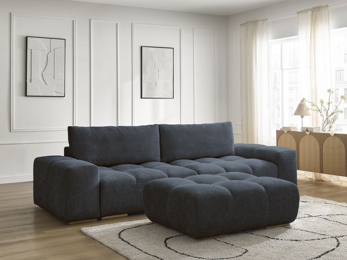 Bobochic Anakin Schlafsofa 3-Sitzer mit Bettkasten und Pouf, 2 Kissen Bouclé-Stoff Dunkelblau