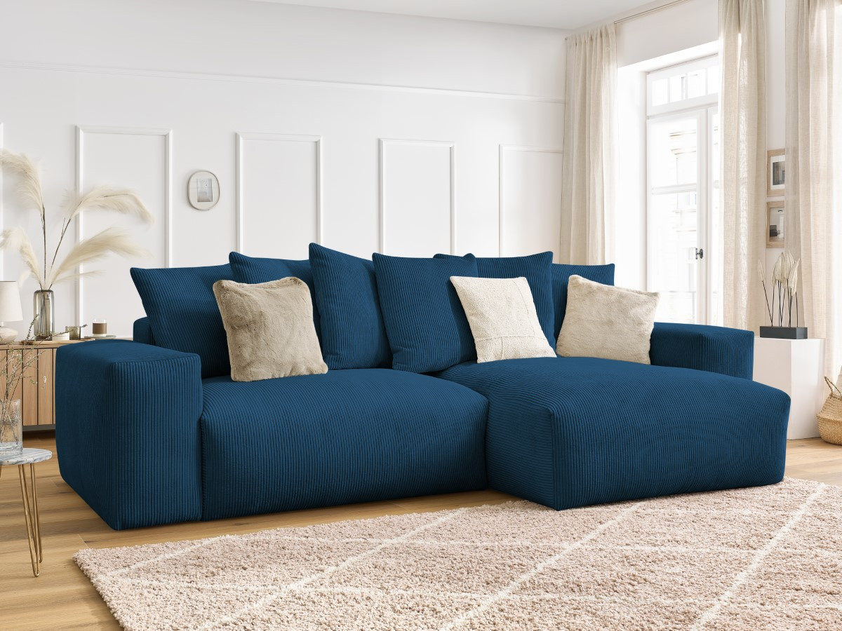 Bobochic Voltaire Ecksofa mit Schlaffunktion und Bettkasten Cordsamt Dunkelblau