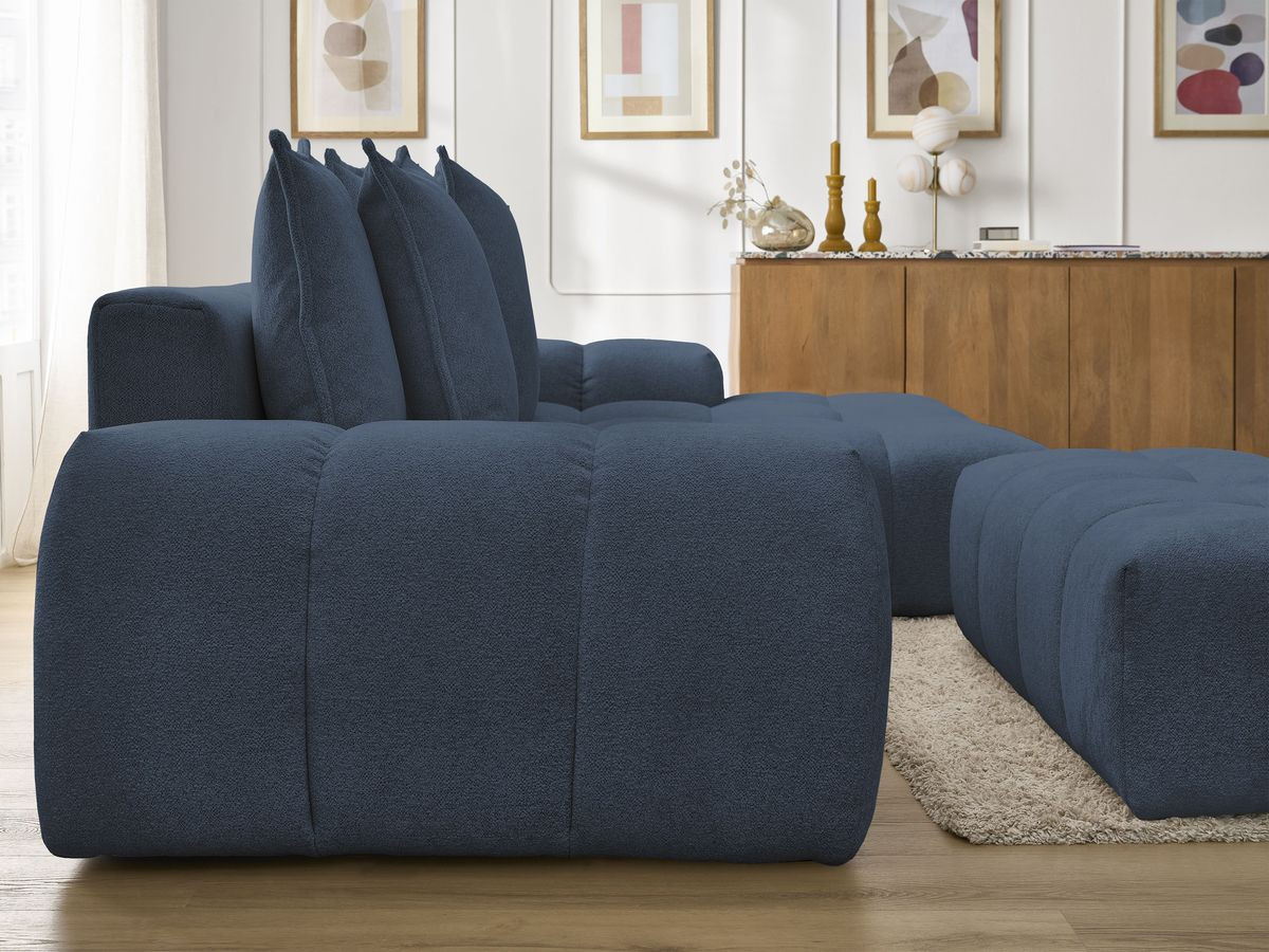Bobochic Everest Ecksofa mit Schlaffunktion und Bettkasten und Pouf 318 × 180 cm, 7 Kissen Melange-Stoff Dunkelblau Ecke rechts