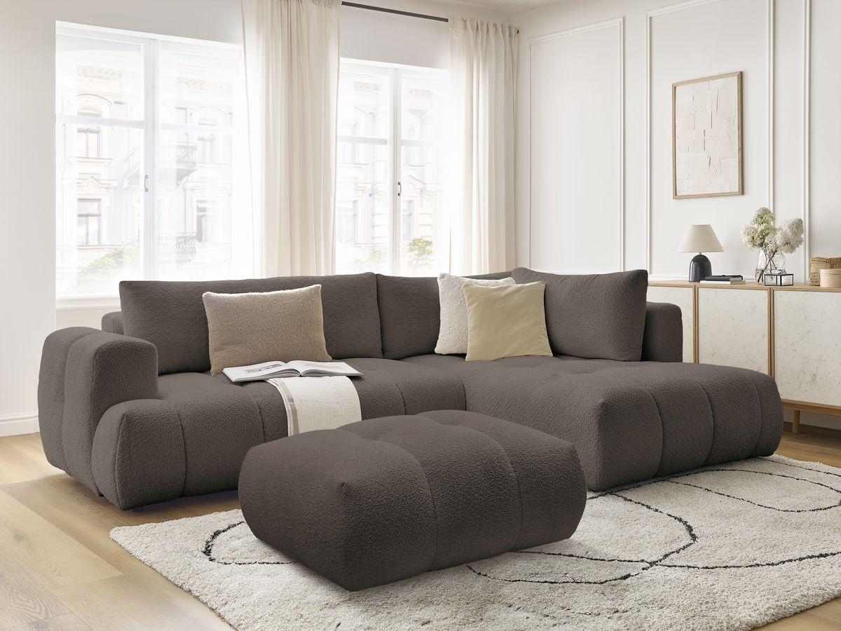 Bobochic Fuji Ecksofa mit Schlaffunktion und Bettkasten und Pouf 282 × 204 cm Bouclé-Stoff Braun Ecke rechts