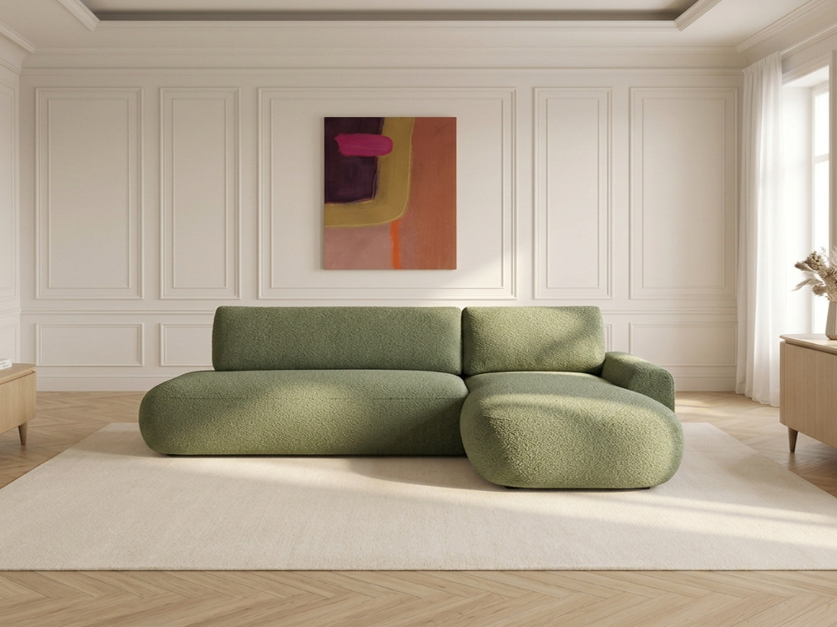 Bobochic Tango Ecksofa mit Schlaffunktion und Bettkasten Bouclé-Stoff Grün Ecke rechts