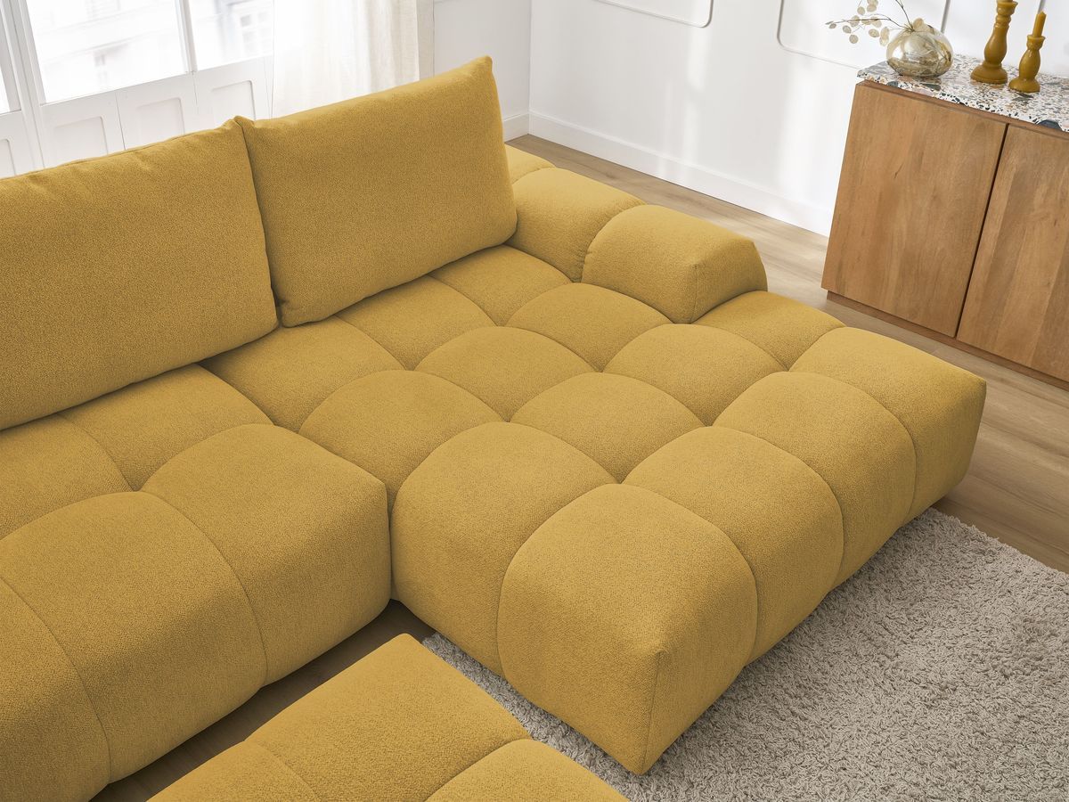 Bobochic Everest Ecksofa mit Schlaffunktion und Bettkasten und Pouf 318 × 180 cm, 3 Kissen Melange-Stoff Gelb Ecke rechts