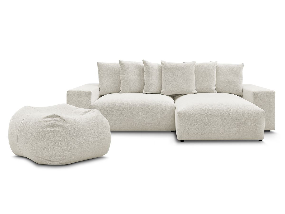 Bobochic Voltaire Ecksofa mit Schlaffunktion und Bettkasten und Pouf Melange-Stoff Weiß