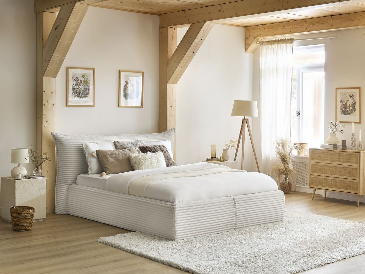 Bobochic Jade Polsterbett mit Bettkasten Cordsamt Beige, Liegefläche 160 × 200 cm