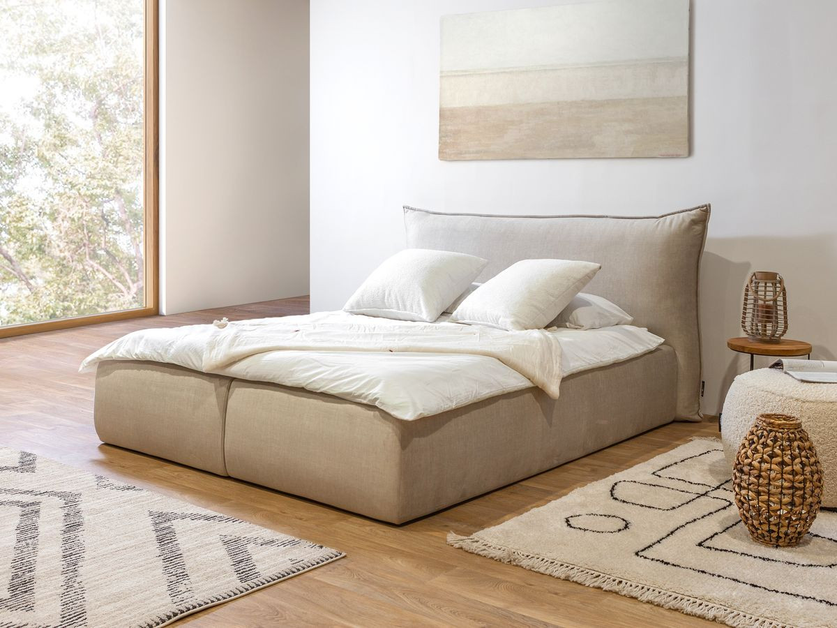 Bobochic Jade Polsterbett mit Bettkasten Stoff Beige, Liegefläche 160 × 200 cm