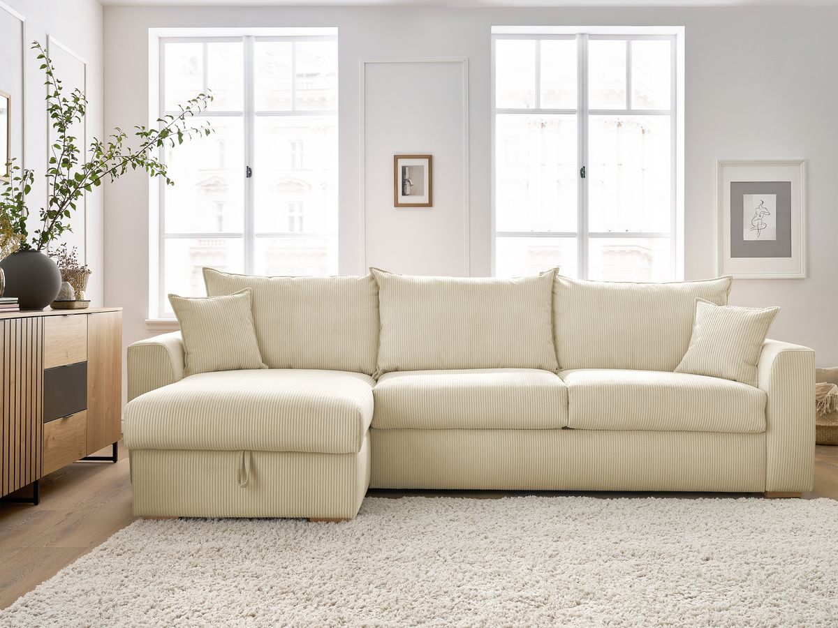 Bobochic Augustin Ecksofa mit Schlaffunktion und Bettkasten Cordsamt Beige, Liegefläche 160 × 200 cm