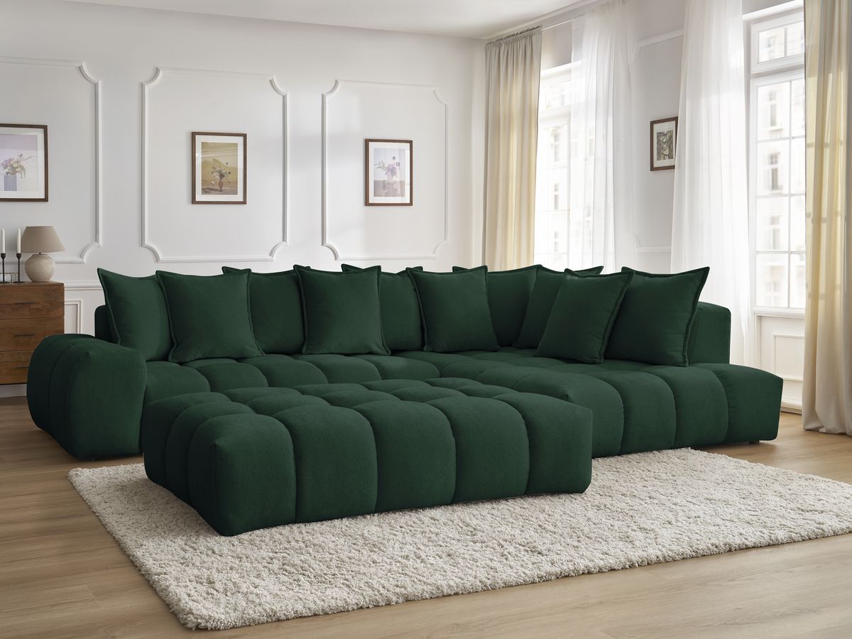 Bobochic Everest Ecksofa mit Schlaffunktion und Pouf, 10 Kissen Strukturstoff Grün Ecke rechts