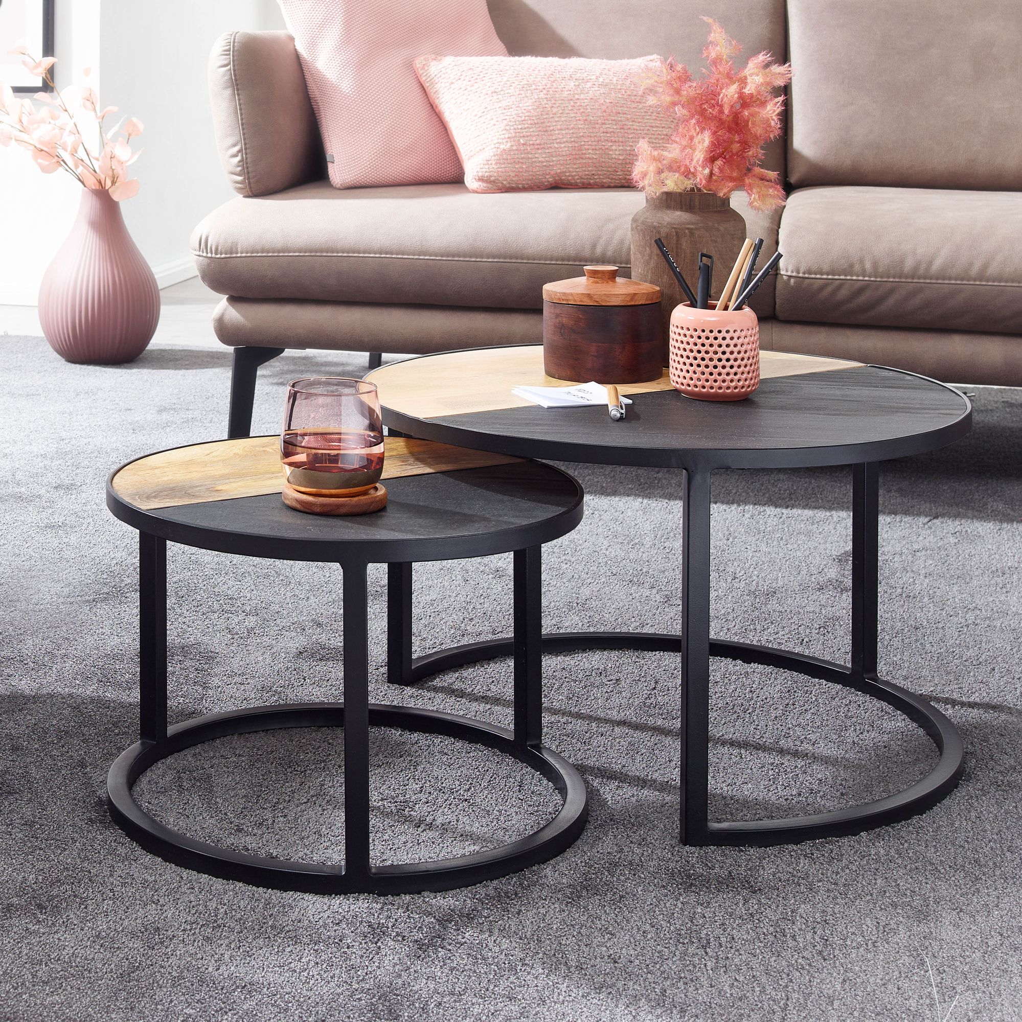Satztisch 2er-Set Svolvaer Massivholz Schwarz Höhe 36 cm