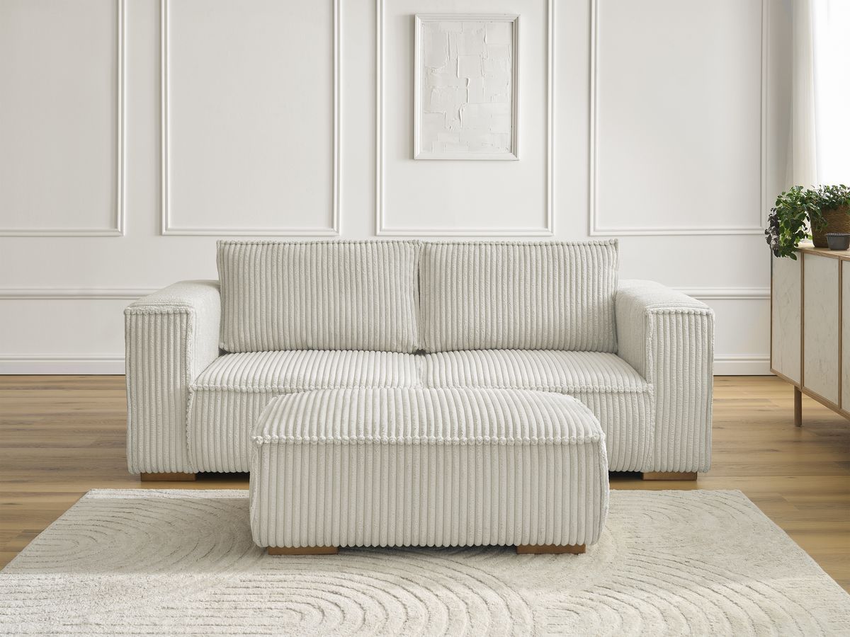 Bobochic Chelsea Sofa 3-Sitzer mit Pouf Breitcord weich Beige