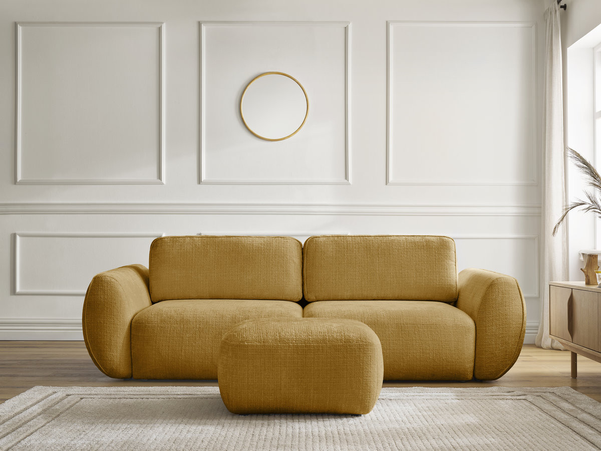 Bobochic Denise Schlafsofa 3-Sitzer mit Bettkasten und Pouf Strukturstoff Gelb