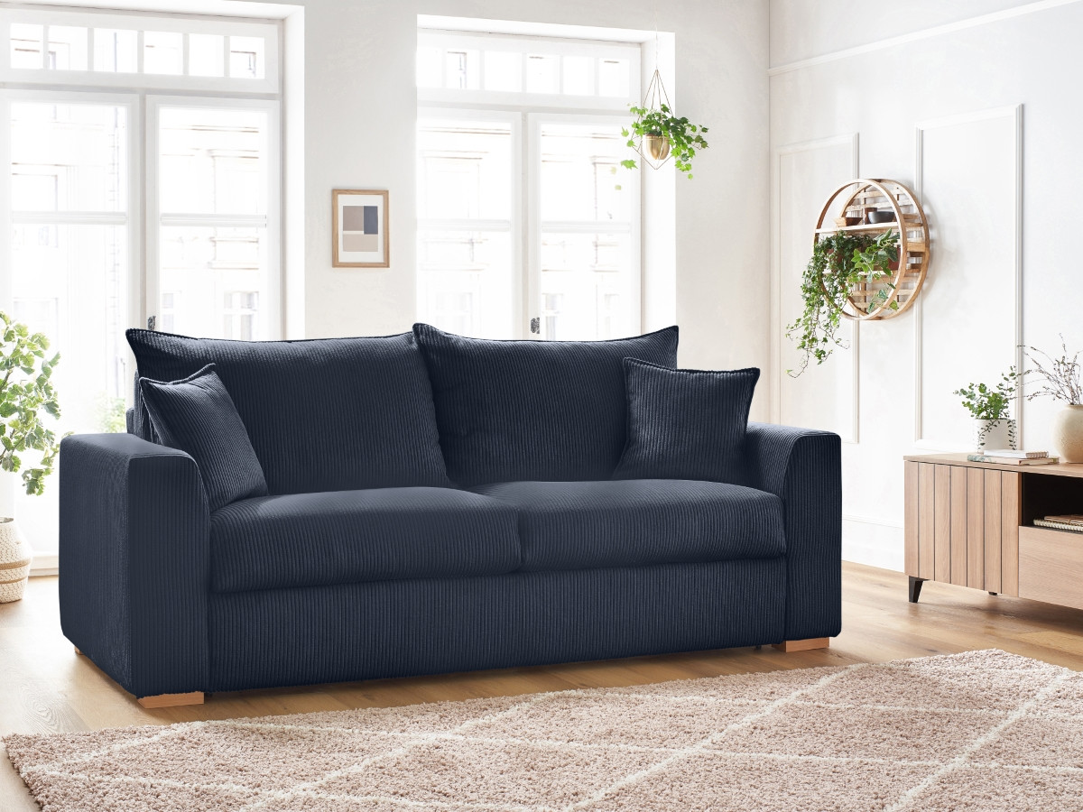 Bobochic Augustin Schlafsofa 3-Sitzer Cordsamt Dunkelblau, Liegefläche 160 × 200 cm