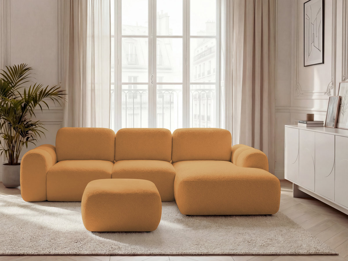 Bobochic Montaigne Ecksofa mit Schlaffunktion und Bettkasten und Pouf 276 × 164 cm Bouclé-Stoff Gelb Ecke rechts