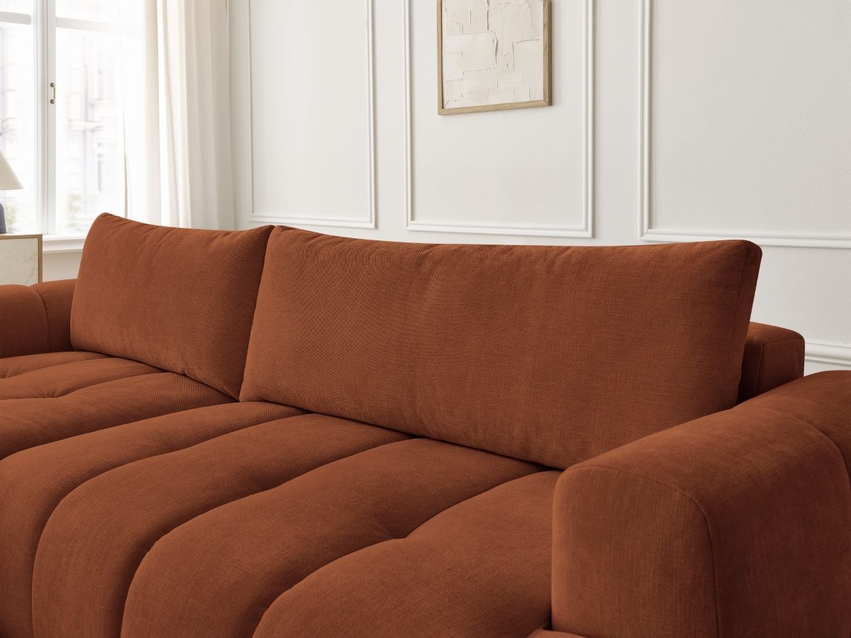 Bobochic Fuji Ecksofa mit Schlaffunktion und Bettkasten und Pouf 292 × 160 cm Stoff Orange Ecke links
