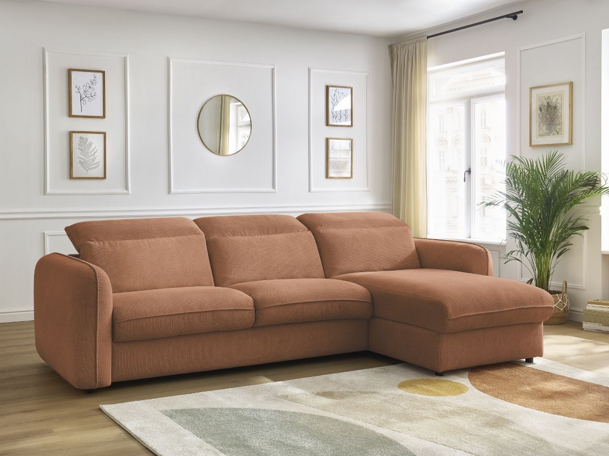 Bobochic Achille Ecksofa mit Schlaffunktion und Bettkasten Melange-Stoff Orange, Liegefläche 160 × 200 cm