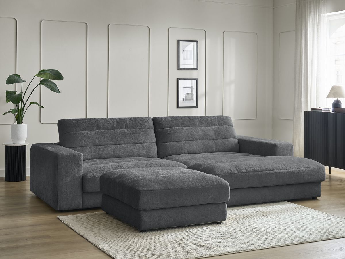 Bobochic Sierra Ecksofa mit Pouf Strukturstoff Dunkelgrau Ecke rechts