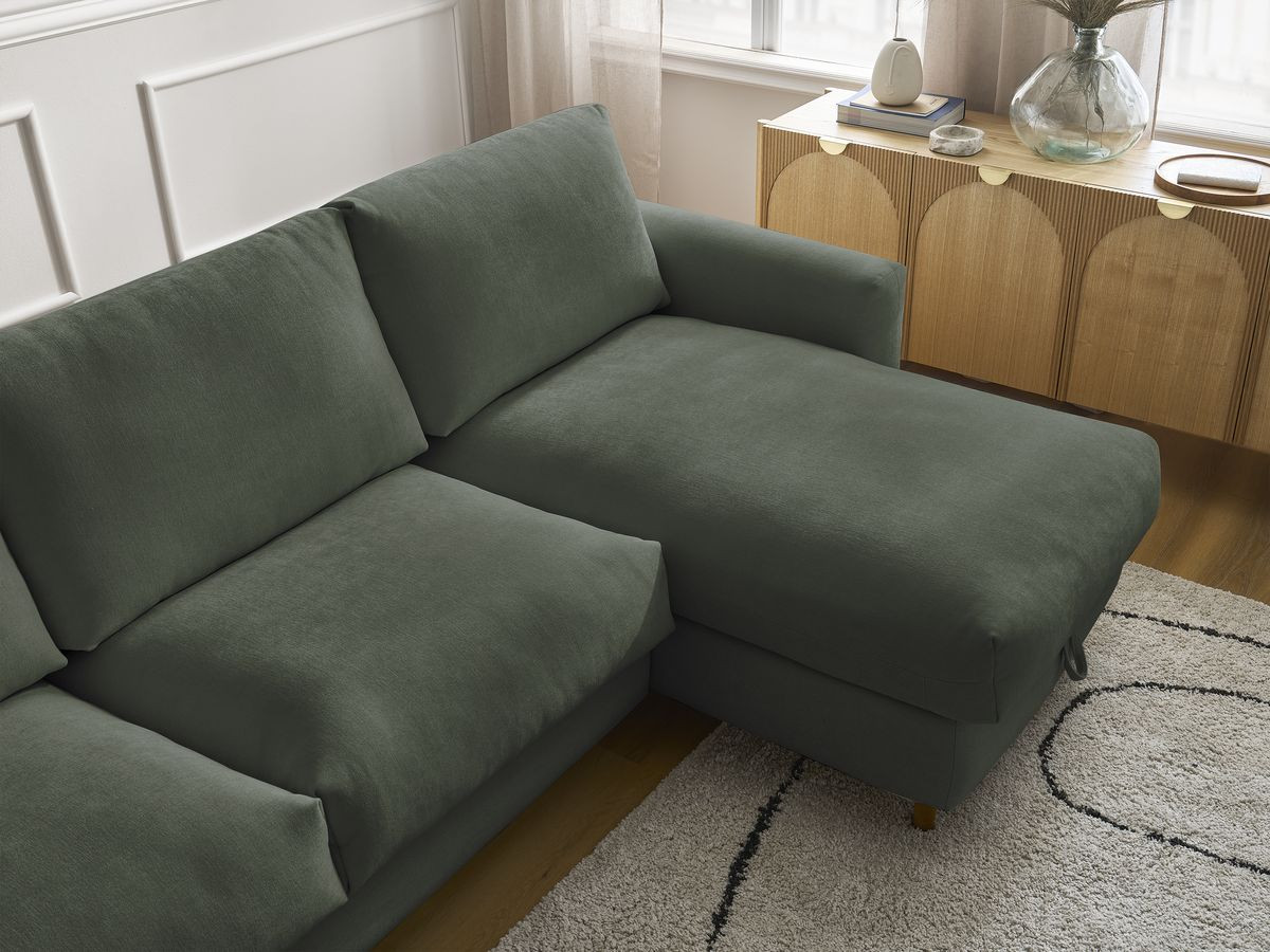 Bobochic Cocoone Ecksofa mit Schlaffunktion und Bettkasten Stoff Grün, Liegefläche 160 × 200 cm