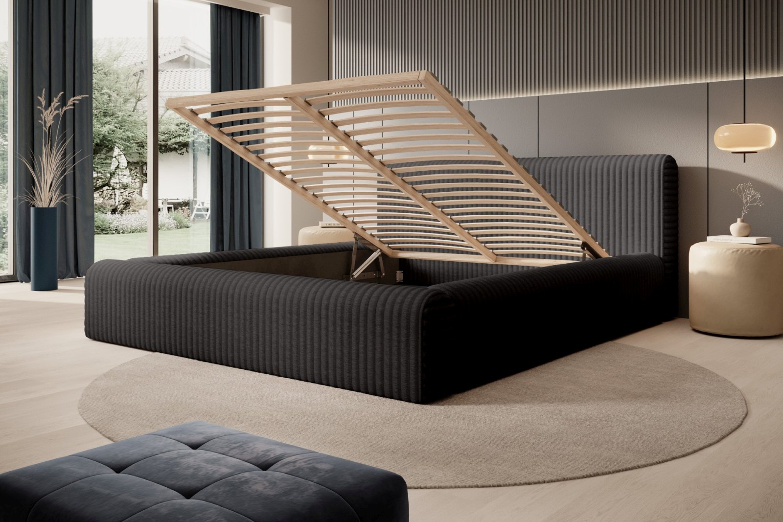 Polsterbett Miloa Softcord mit Fellstruktur 140x200 mit Holzrahmen Vito 18