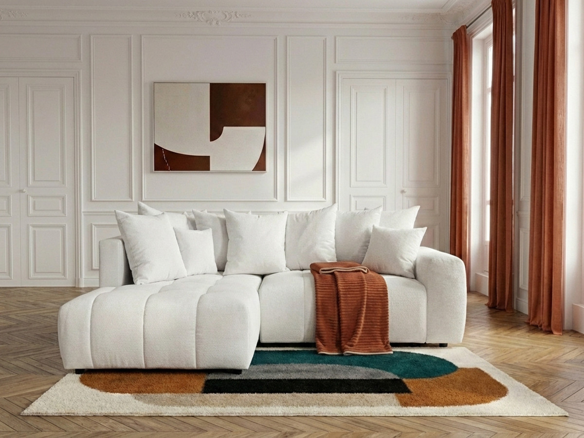 Bobochic Roxelane Ecksofa mit Schlaffunktion und Bettkasten Melange-Stoff Weiß Ecke links