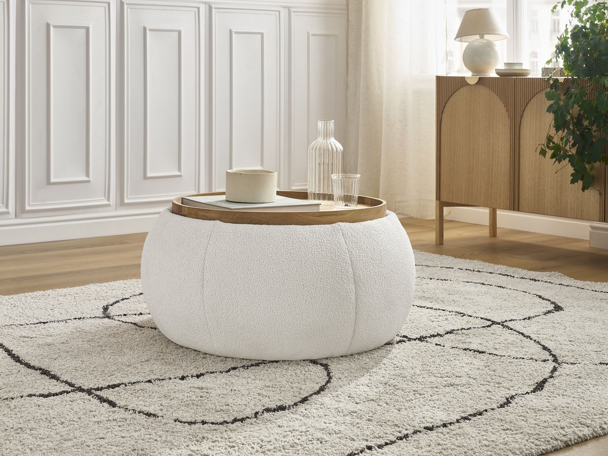 Bobochic Hayden Pouf mit Tablett, rund Bouclé-Stoff Weiß, 77 cm
