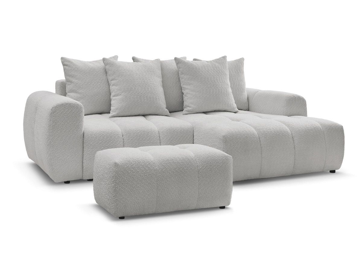 Bobochic Roxelane Ecksofa mit Schlaffunktion und Bettkasten und Pouf 258 × 150 cm Bouclé-Stoff Hellgrau Ecke rechts