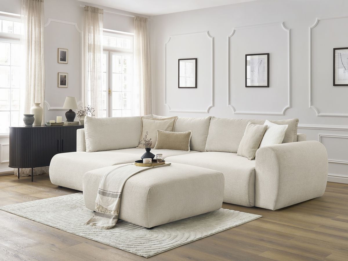 Bobochic Lucien Ecksofa mit Schlaffunktion und Bettkasten und Pouf 296 × 198 cm Stoff Beige Ecke links