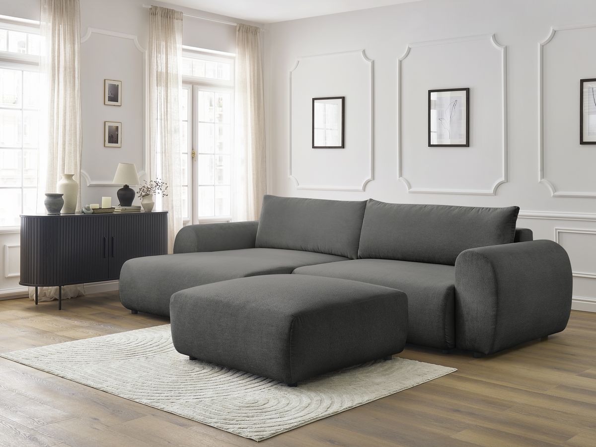 Bobochic Lucien Ecksofa mit Schlaffunktion und Bettkasten und Pouf 314 × 167 cm Stoff Dunkelgrau Ecke links