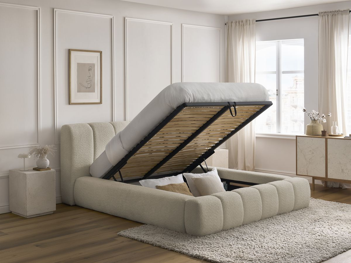 Bobochic Denali Polsterbett mit Bettkasten Bouclé-Stoff Beige, Liegefläche 140 × 190 cm