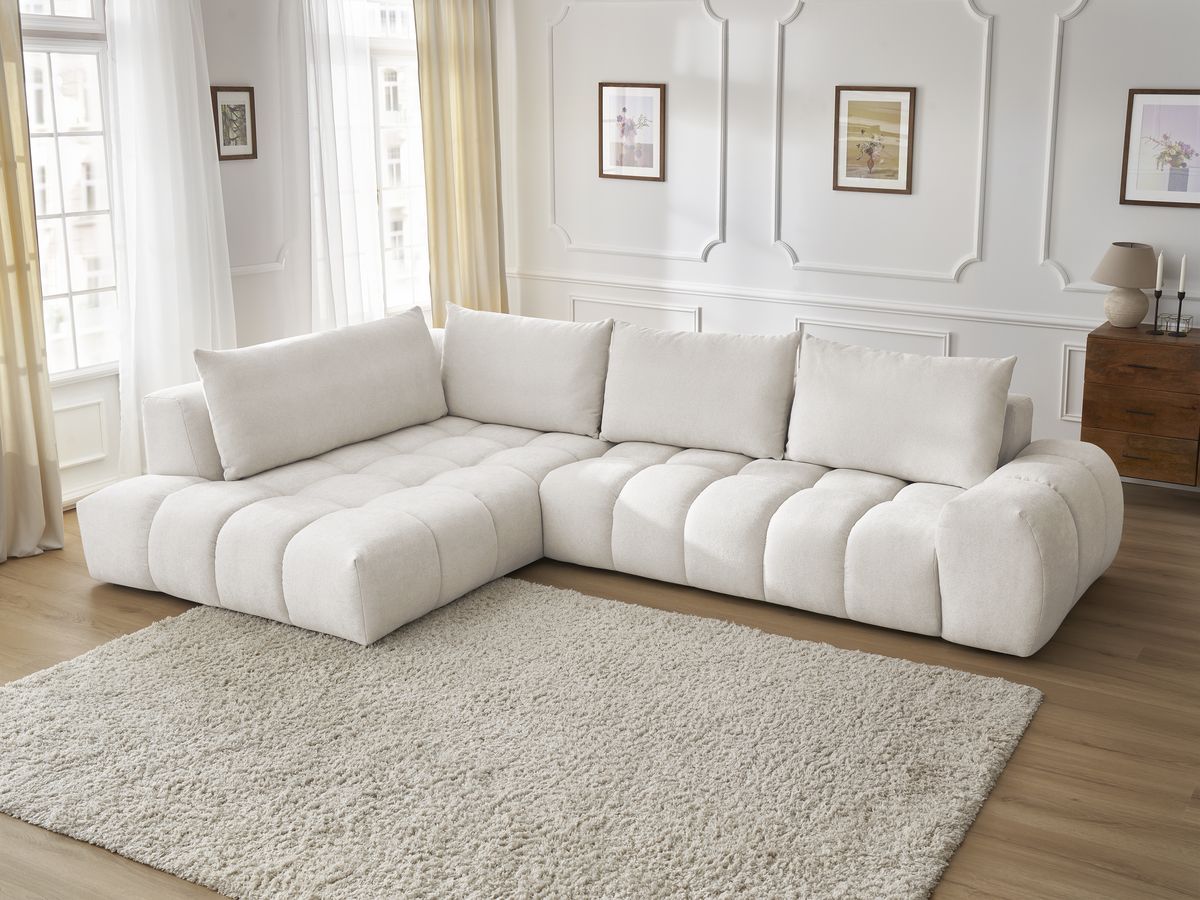 Bobochic Everest Ecksofa, 4 Kissen Strukturstoff Weiß Ecke links