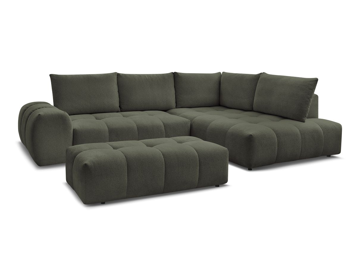 Bobochic Everest Ecksofa mit Schlaffunktion und Bettkasten und Pouf 320 × 212 cm, 5 Kissen Melange-Stoff Grün Ecke rechts