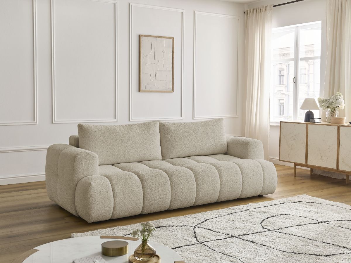 Bobochic Fuji Schlafsofa 3-Sitzer mit Bettkasten Bouclé-Stoff Beige