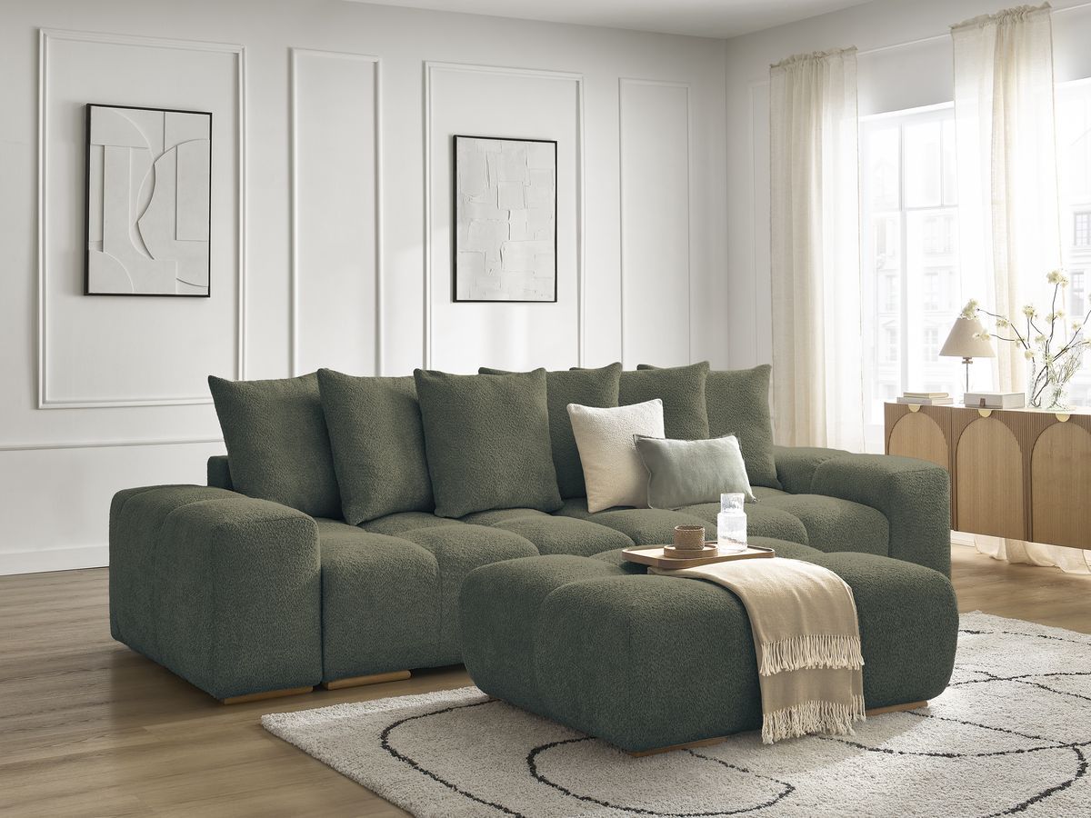 Bobochic Anakin Schlafsofa 3-Sitzer mit Bettkasten und Pouf, 6 Kissen Bouclé-Stoff Grün