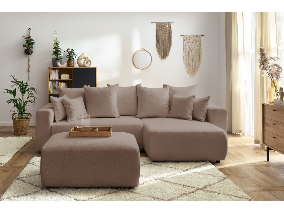 Bobochic Envy Ecksofa mit Schlaffunktion und Bettkasten und rechteckigem Pouf Bouclé-Stoff Braun