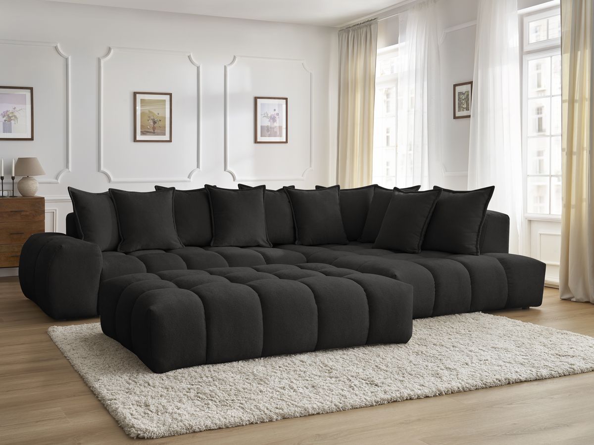Bobochic Everest Ecksofa mit Schlaffunktion und Pouf, 10 Kissen Strukturstoff Schwarz Ecke rechts