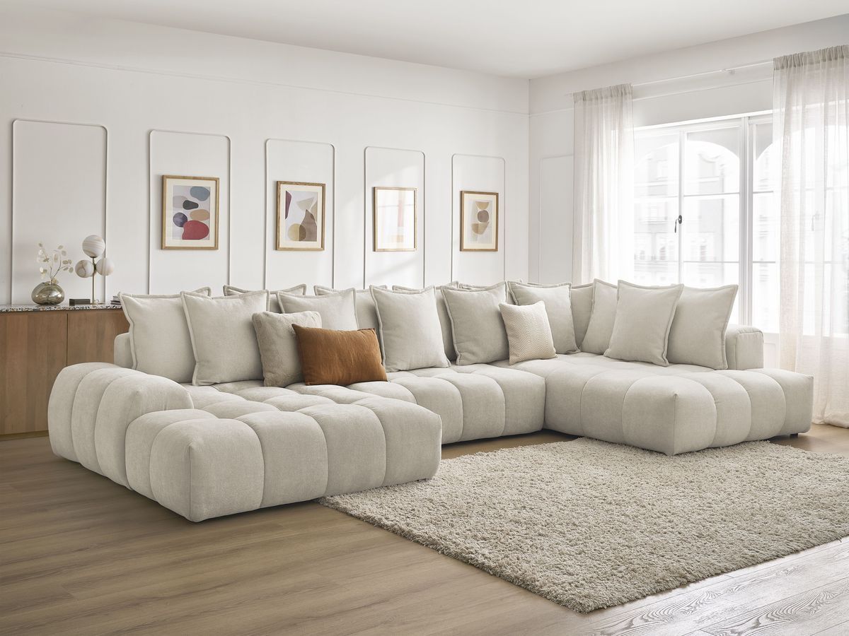 Bobochic Everest Wohnlandschaft, 14 Kissen Strukturstoff Beige Ecke links