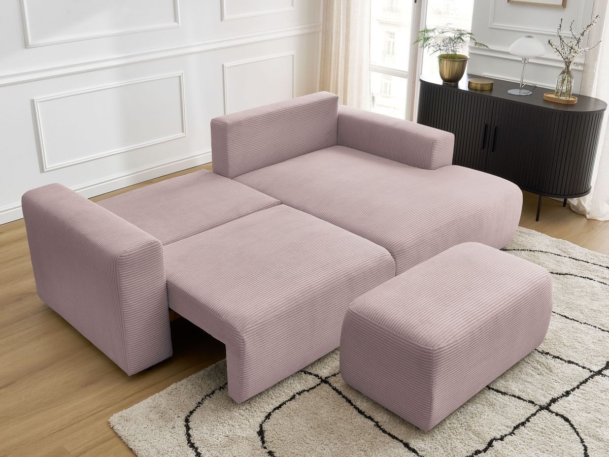 Bobochic Atilla Ecksofa mit Schlaffunktion und Bettkasten und Pouf Cordsamt Violett Ecke rechts