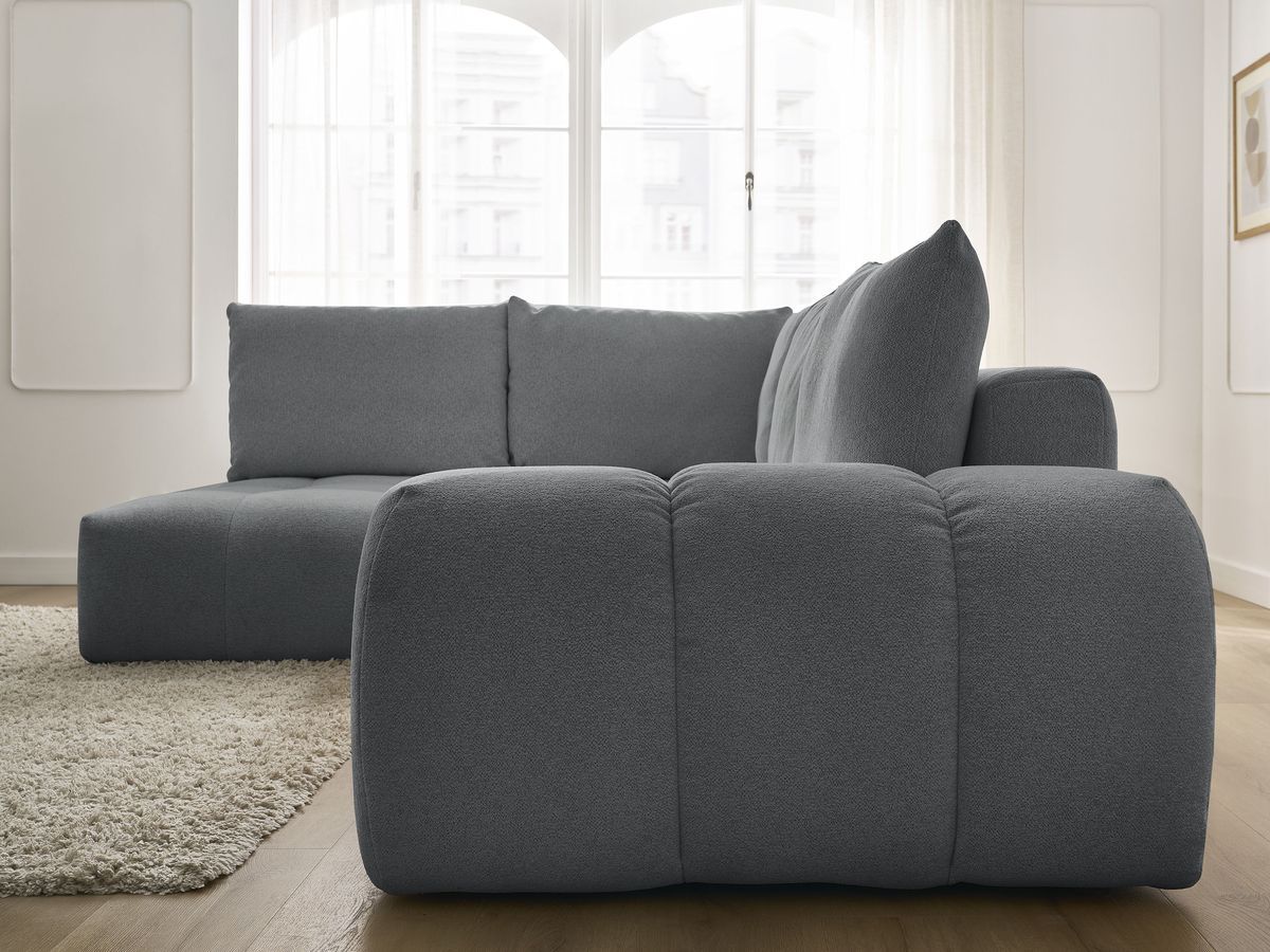 Bobochic Everest Ecksofa mit Schlaffunktion und Bettkasten 320 × 212 cm, 5 Kissen Melange-Stoff Dunkelgrau Ecke links