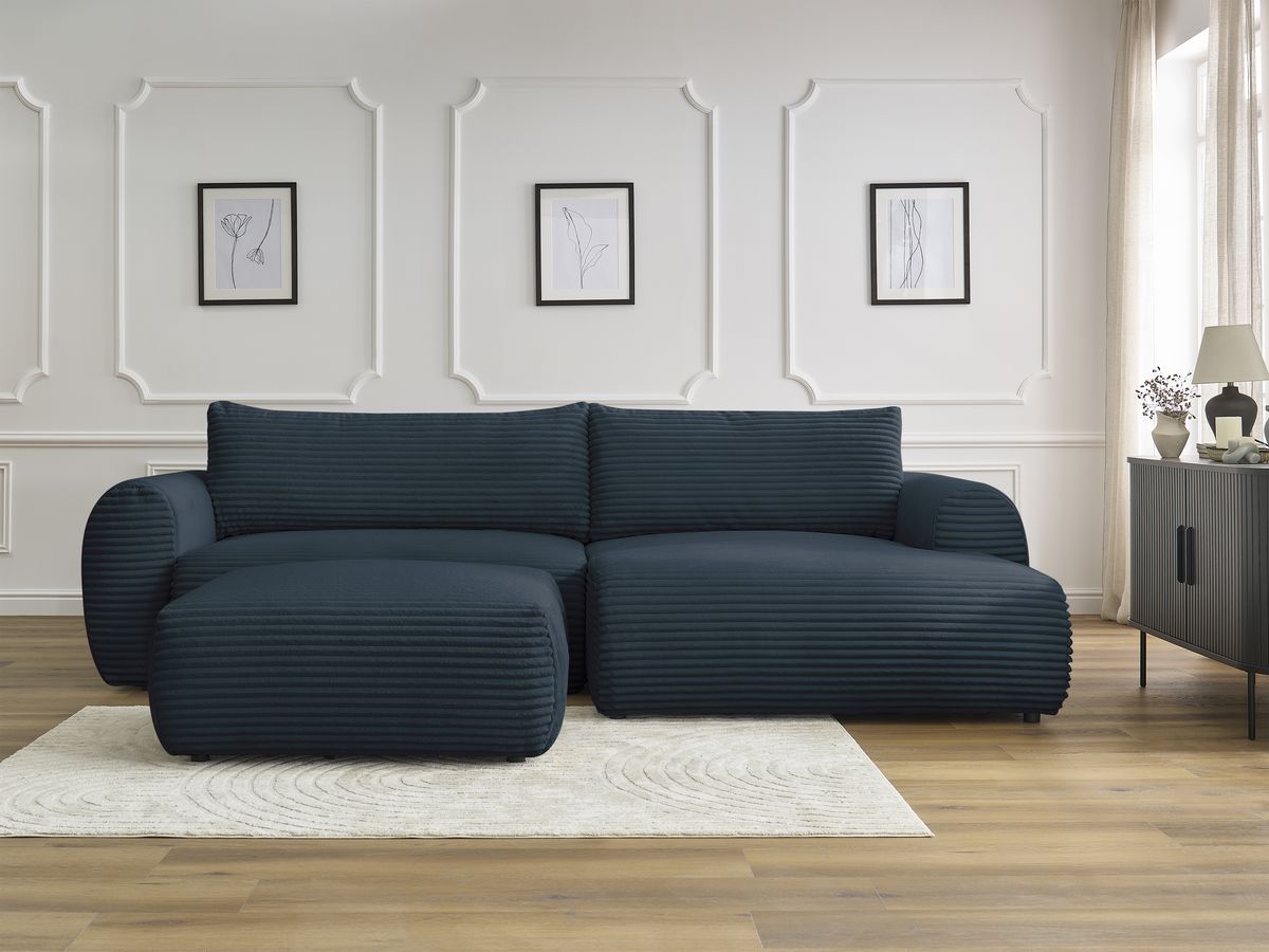 Bobochic Lucien Ecksofa mit Schlaffunktion und Bettkasten und Pouf 314 × 167 cm Breitcord weich Dunkelblau Ecke rechts