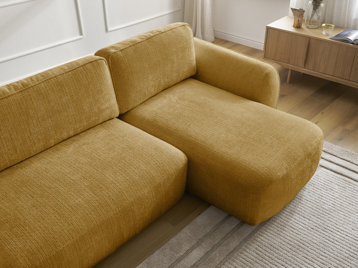 Bobochic Denise Ecksofa mit Schlaffunktion und Bettkasten 258 × 160 cm Strukturstoff Gelb Ecke rechts