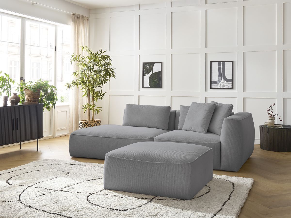 Bobochic Leopold Sofa 4-Sitzer mit Pouf Melange-Stoff Hellgrau Armlehne rechts
