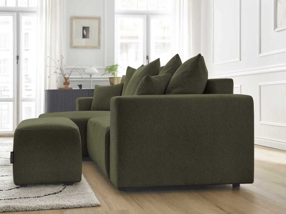 Bobochic Atilla Ecksofa mit Schlaffunktion und Bettkasten und Pouf Melange-Stoff Grün Ecke links