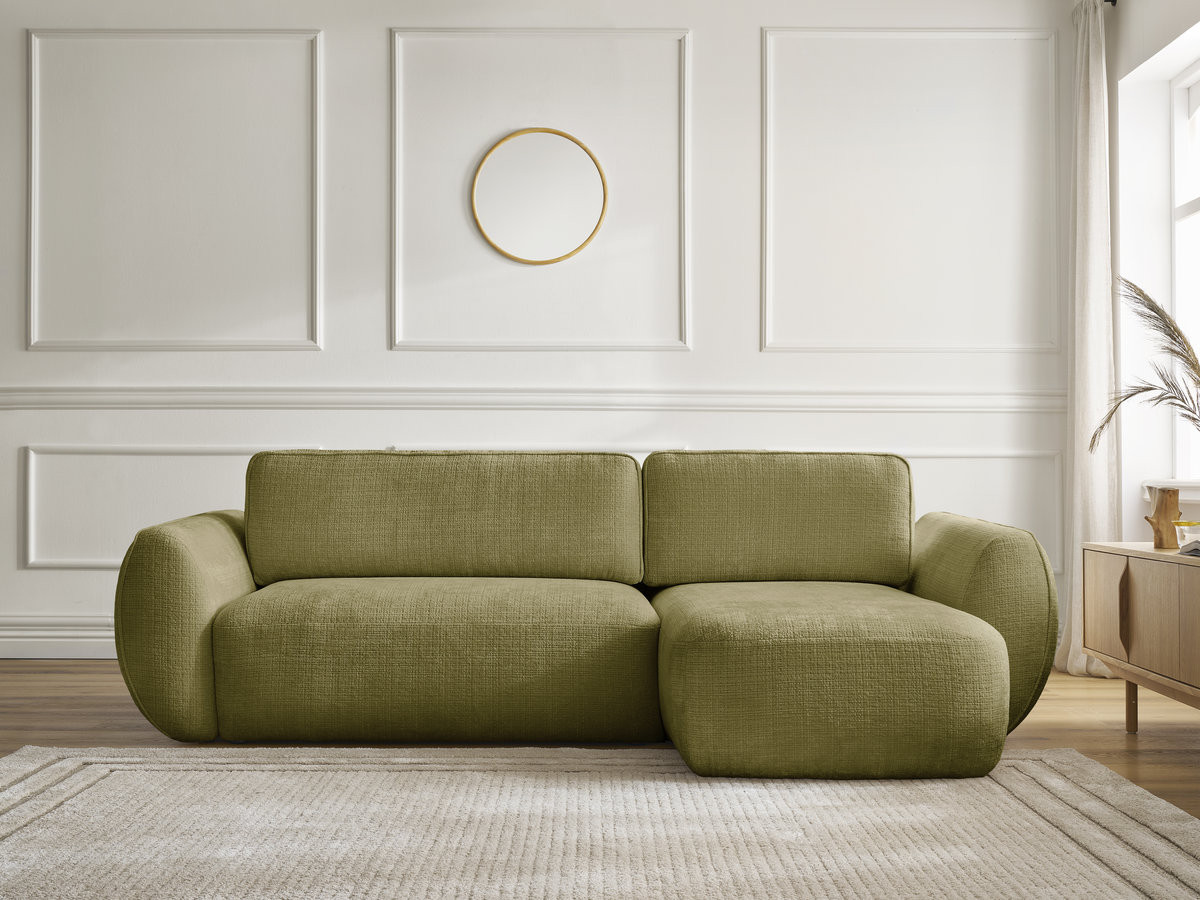Bobochic Denise Ecksofa mit Schlaffunktion und Bettkasten 258 × 160 cm Strukturstoff Grün Ecke rechts
