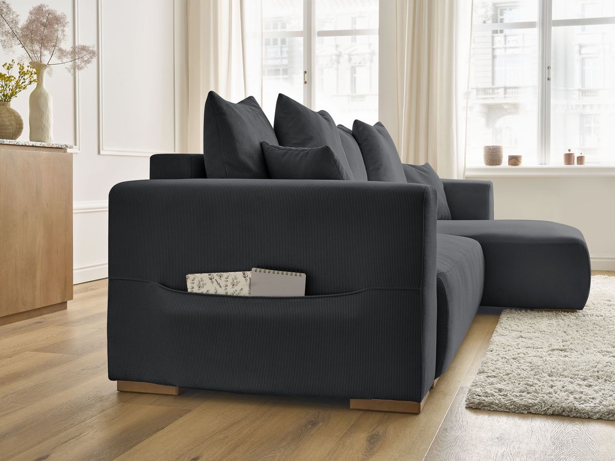 Bobochic Sidonie Ecksofa mit Schlaffunktion und Bettkasten Cordsamt Schwarz