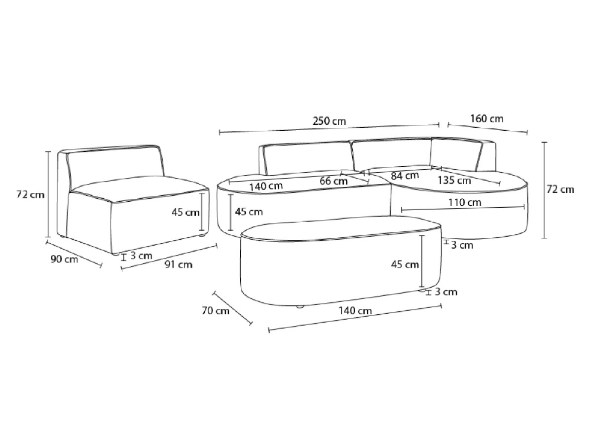 Bobochic Rousseau Ecksofa mit Sofamodul und Pouf Strukturstoff Dunkelblau Ecke rechts
