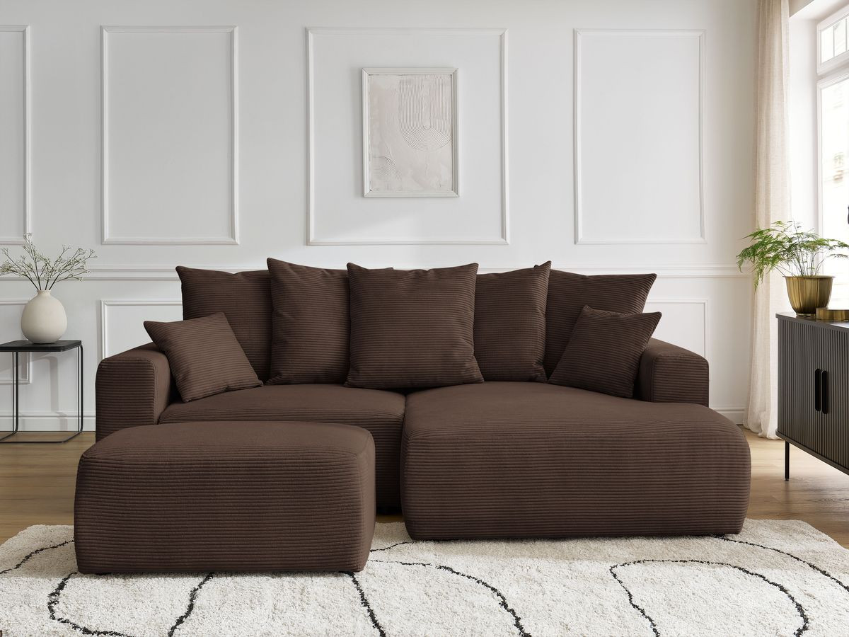 Bobochic Atilla Ecksofa mit Schlaffunktion und Bettkasten und Pouf Cordsamt Braun Ecke rechts