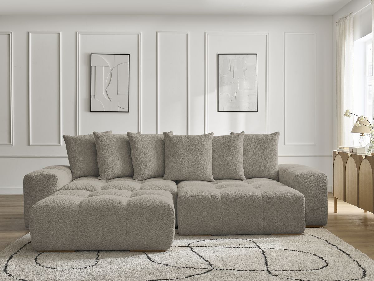 Bobochic Anakin Ecksofa mit Pouf, 6 Kissen Bouclé-Stoff Taupe
