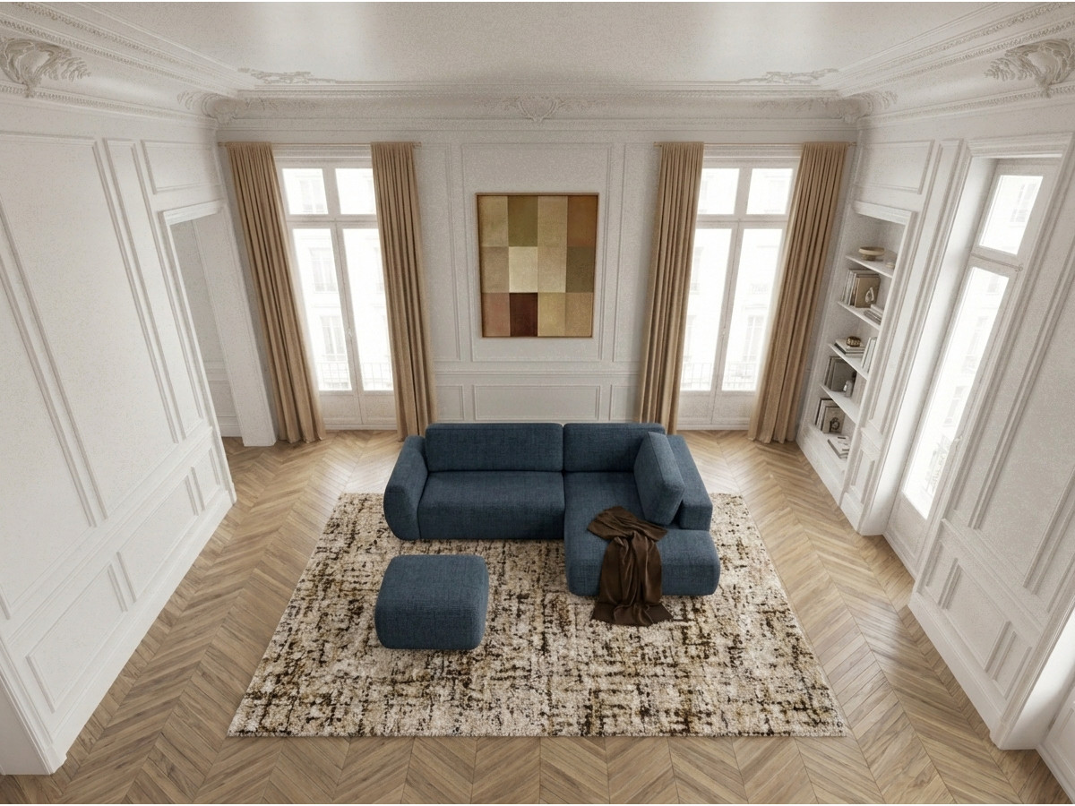 Bobochic Denise Ecksofa mit Schlaffunktion und Bettkasten und Pouf 256 × 197 cm Strukturstoff Dunkelblau Ecke rechts