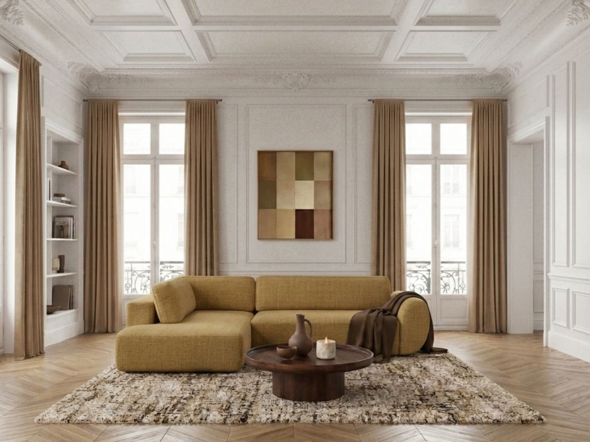 Bobochic Denise Ecksofa mit Schlaffunktion und Bettkasten 256 × 197 cm Strukturstoff Gelb Ecke links