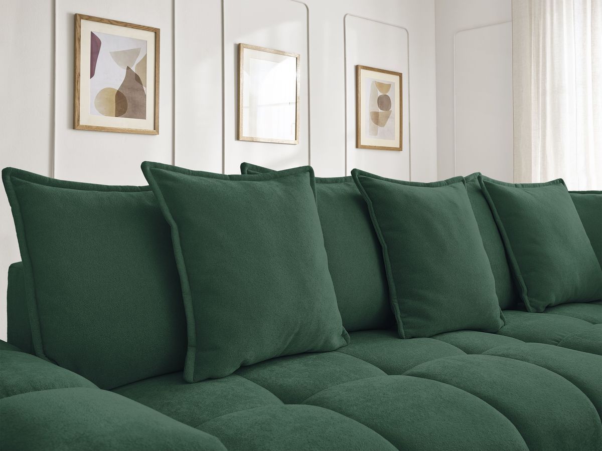 Bobochic Everest Ecksofa mit Schlaffunktion und Bettkasten 320 × 212 cm, 10 Kissen Strukturstoff Grün Ecke rechts