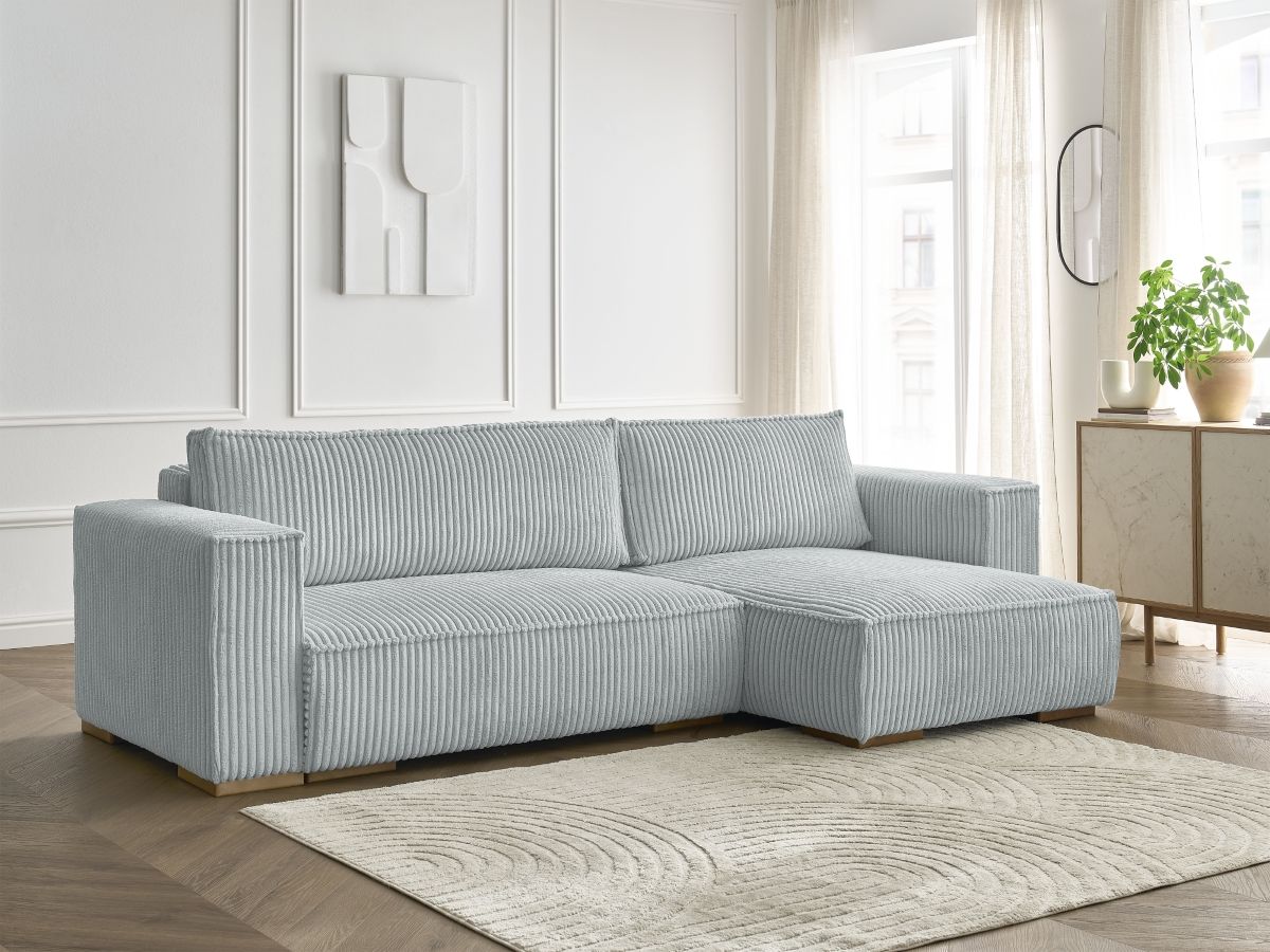 Bobochic Chelsea Ecksofa mit Schlaffunktion und Bettkasten Breitcord weich Hellgrau