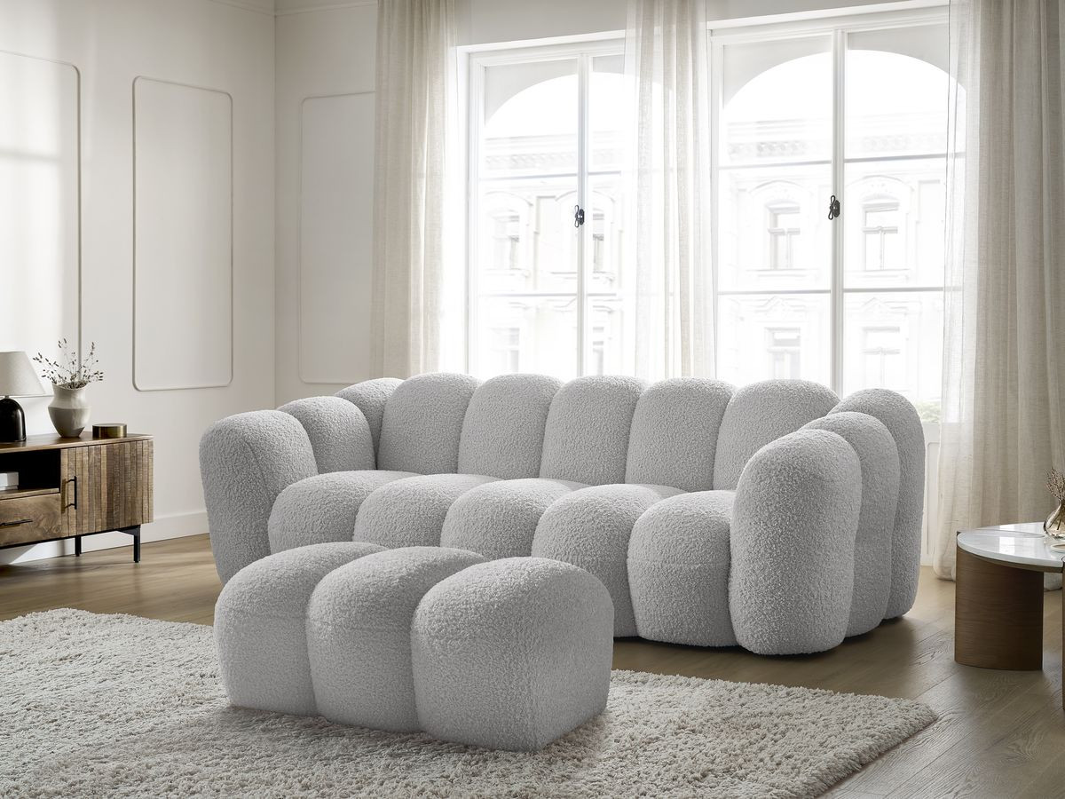 Bobochic Hippolyte Sofa 3-Sitzer mit Pouf Bouclé-Stoff Hellgrau